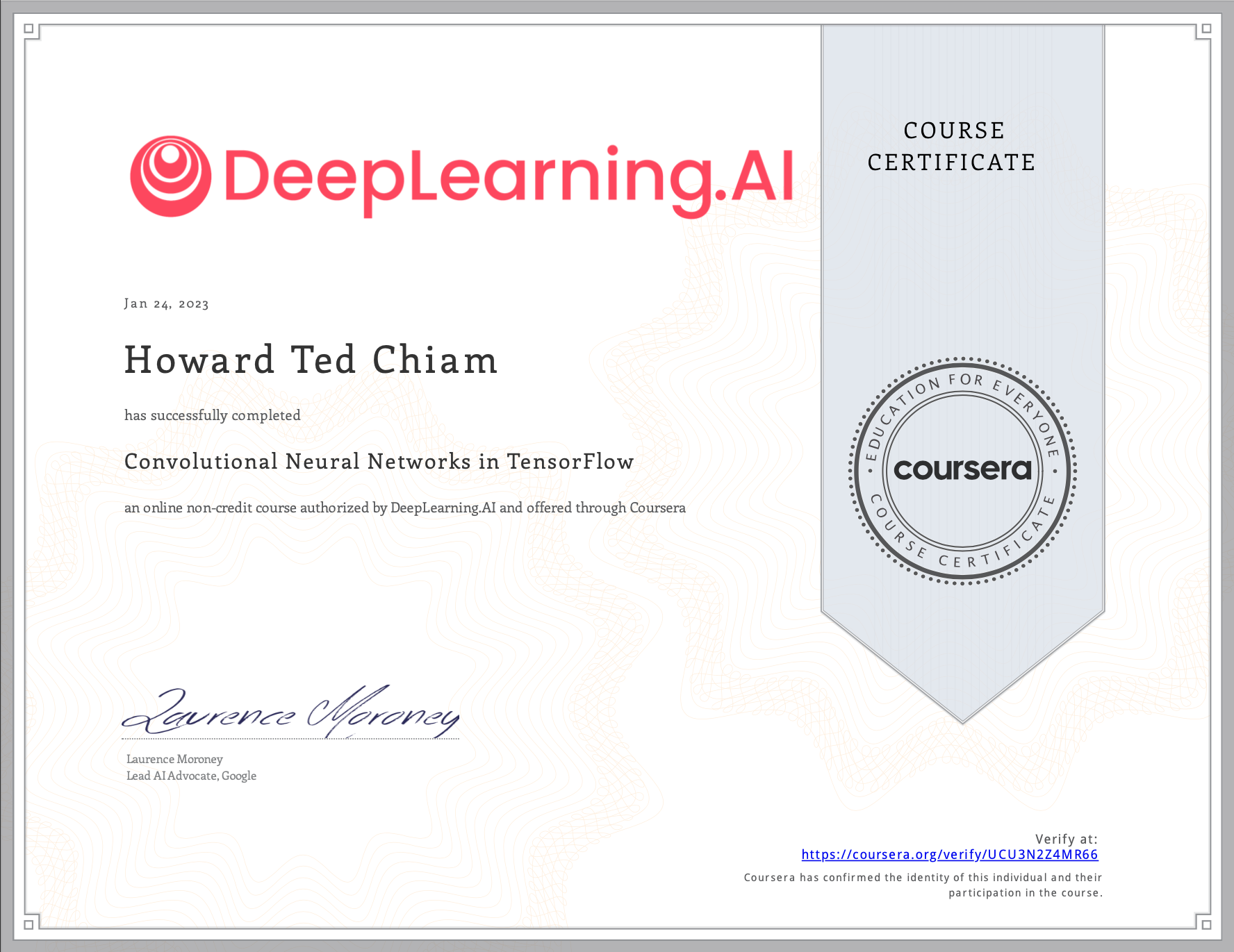 PDF Certificate for DeepLearning.AI's TensorFlow Course on Coursera on Convolutional Neural Networks