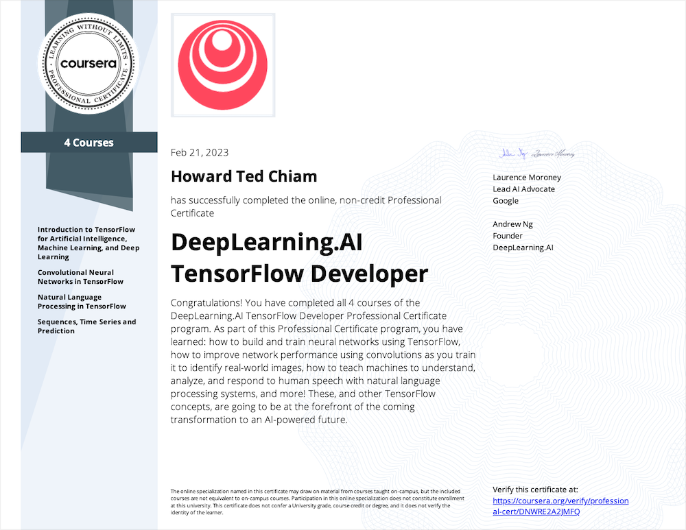 PDF certificate for DeepLearning.AI TensorFlow Developer Specialization on Coursera