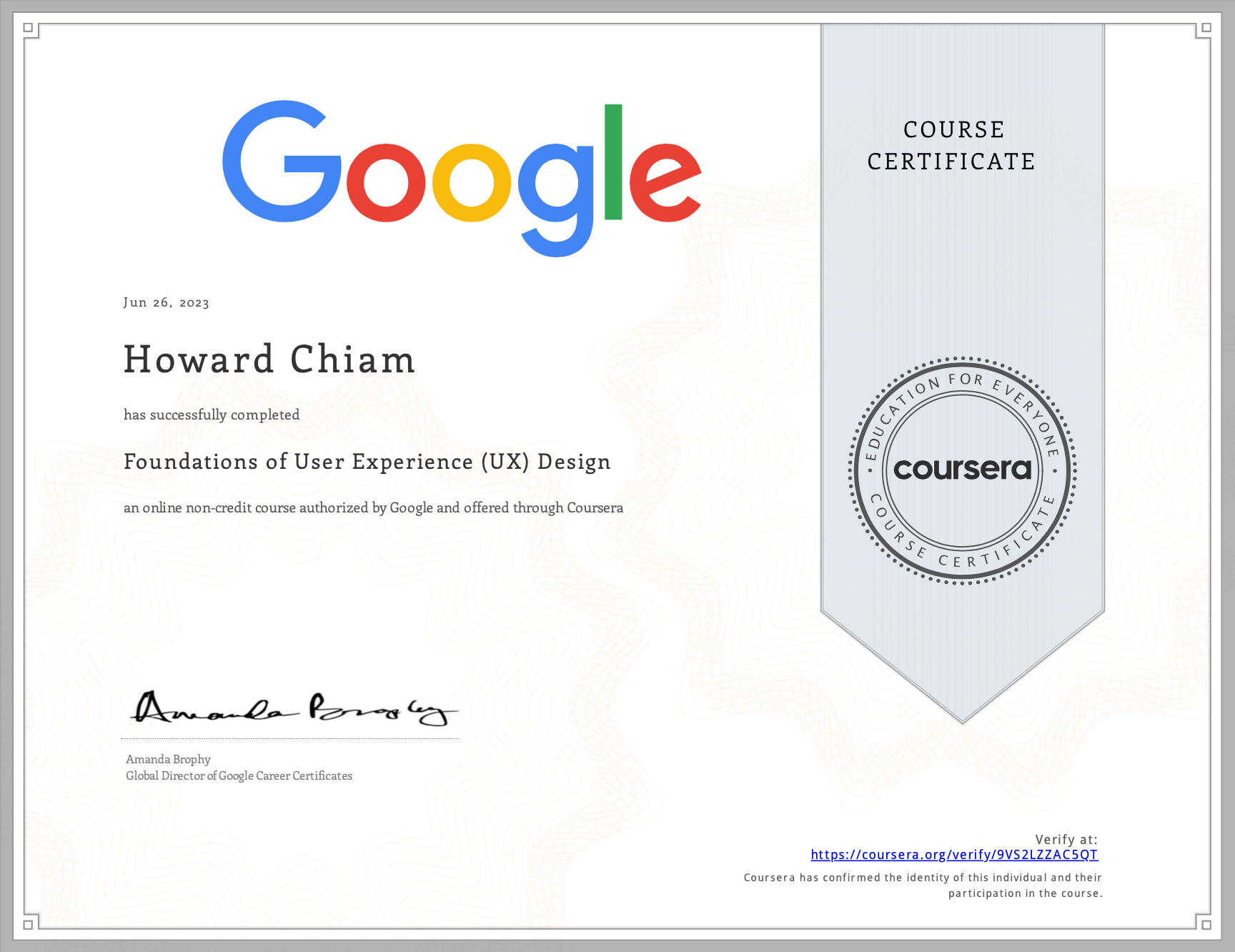 PDF of Google Career Certificate for User Experience (UX) Design on Coursera