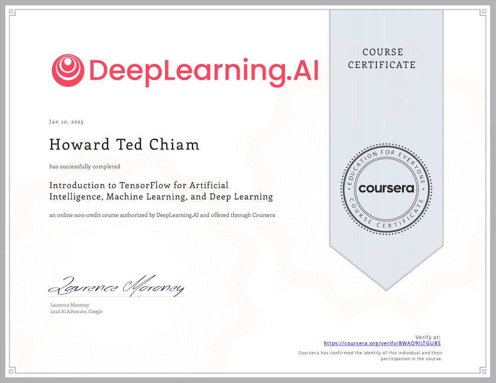 PDF Certificate for DeepLearning.AI's TensorFlow Course on Coursera for AI, ML, and Deep Learning
