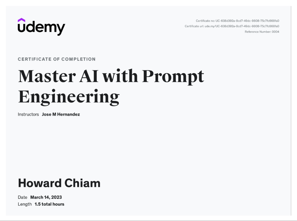PDF certificate for Prompt Engineering course completion on Udemy